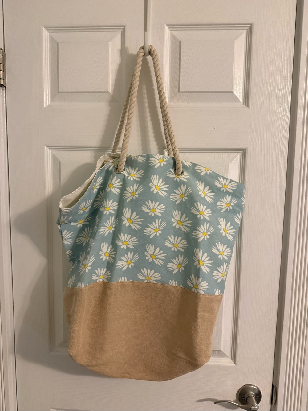 Canvas and Jute Daisy Print Beach Tote Bag with Rope Handles